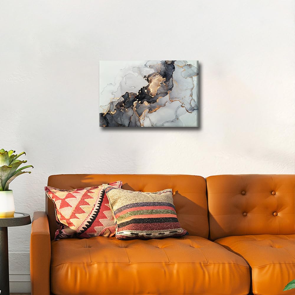 Black and Gold Abstract Canvas Wall Art Modern Luxury Abstract Fluid Art Painting Framed Print Ready to Hang for Living Room Bedroom Bathroom Home Wall Decor 12x18inch - Image 2