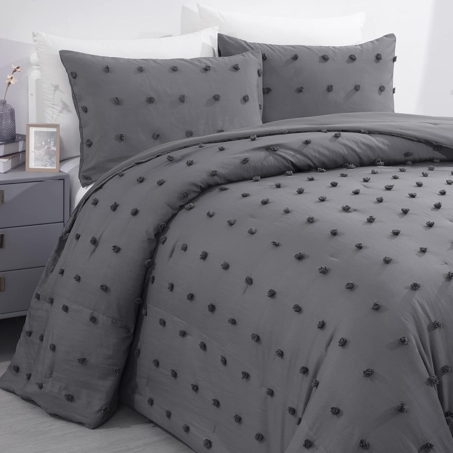 HOMBYS Oversized King Boho Comforter Set 120x120, Pom Pom Jacquard Bedding Comforter for King Bed, Shabby Chic Bed Sets with 2 Matching Pillow Cases