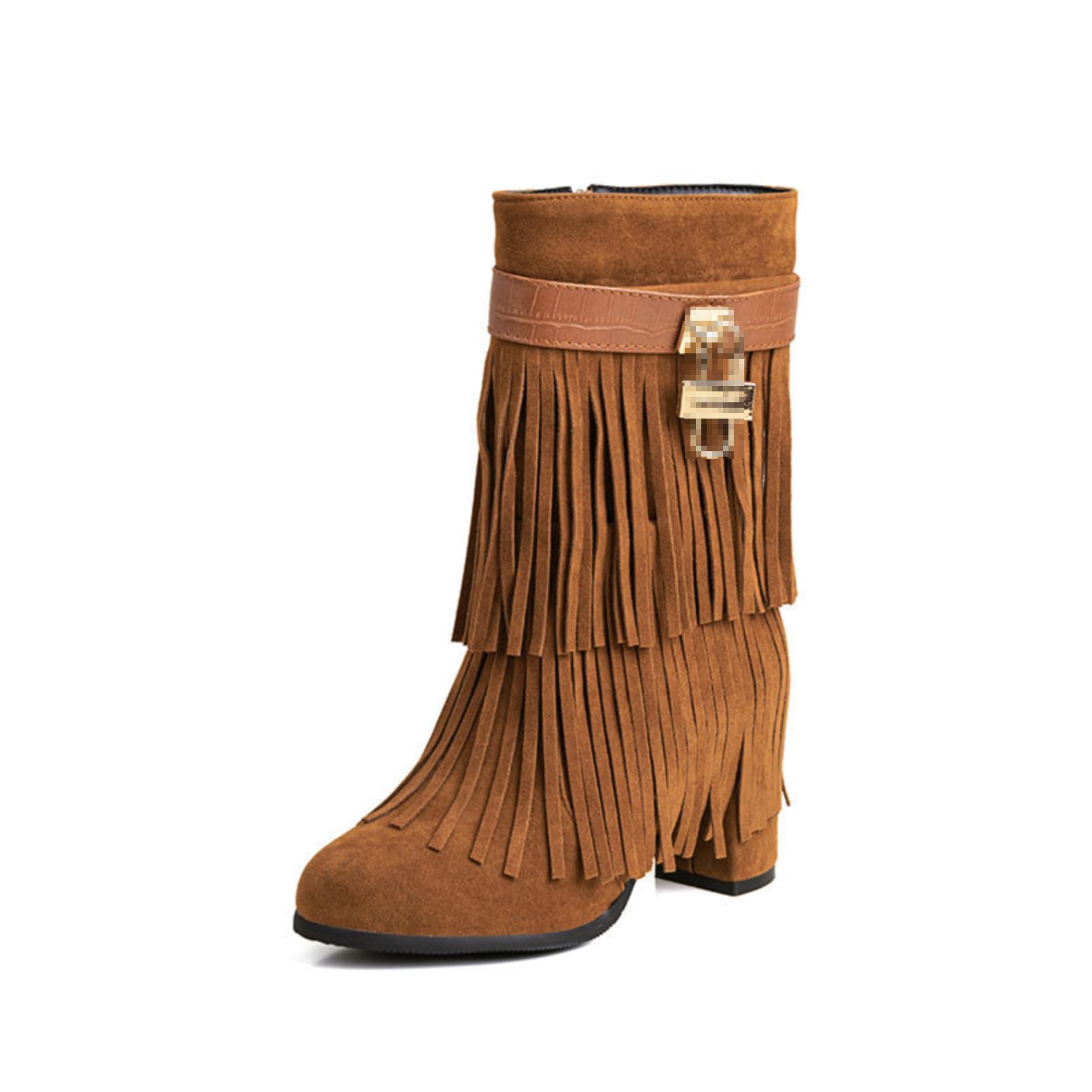 Genérico Botas Vaqueras Mujer de Media Caña con Flecos y Cremallera Lateral además de Tacón Ancho para Estilo Cowboy Casual