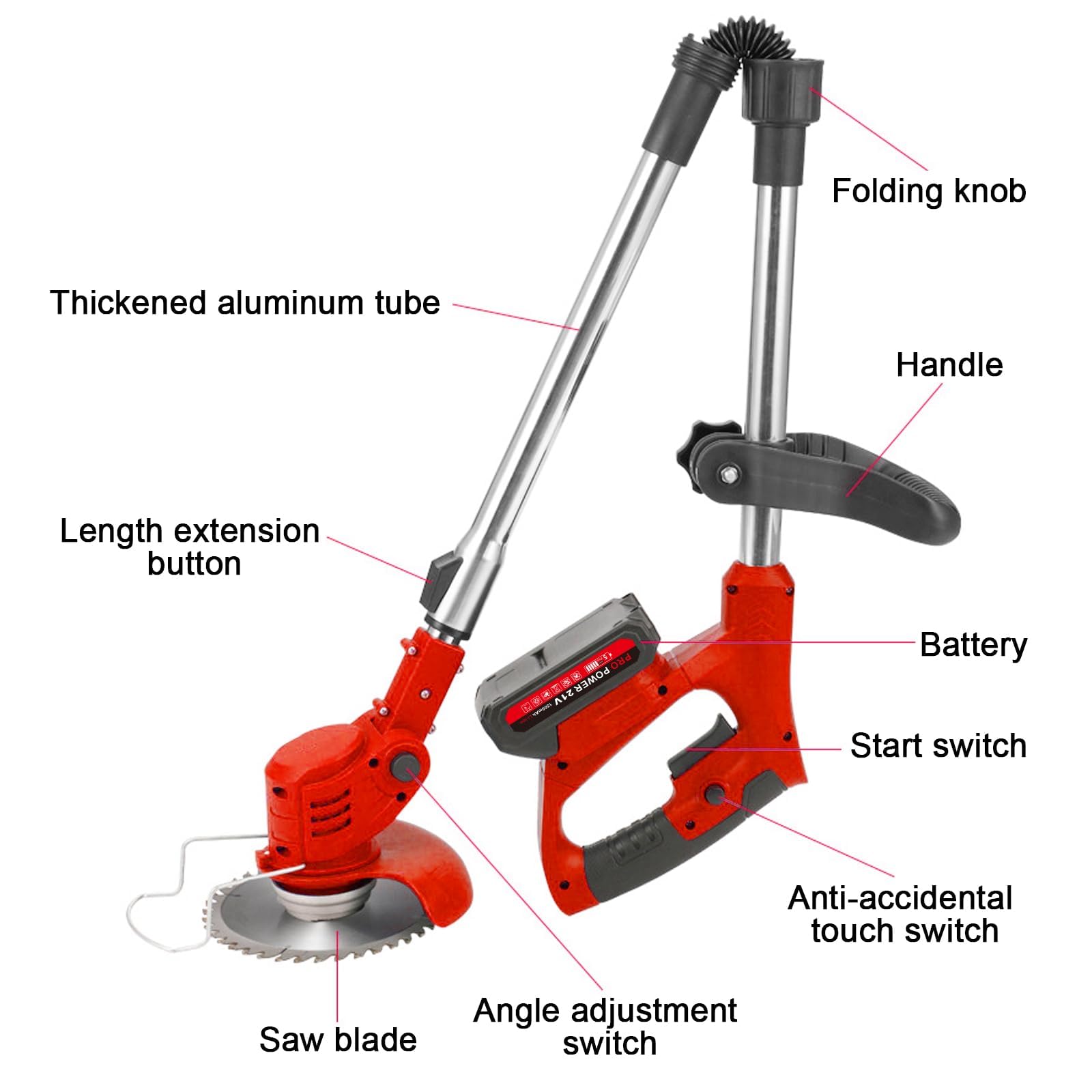 Desbrozadora Bateria con Ruedas, Desbrozadora Electrica Inalámbrica 21V, 2 Baterías de 1,5 Ah, 4 Tipos de Cuchillas, Plegable, Cabezal Ajustable 90° y Mango Telescópico para Jardín y Podar