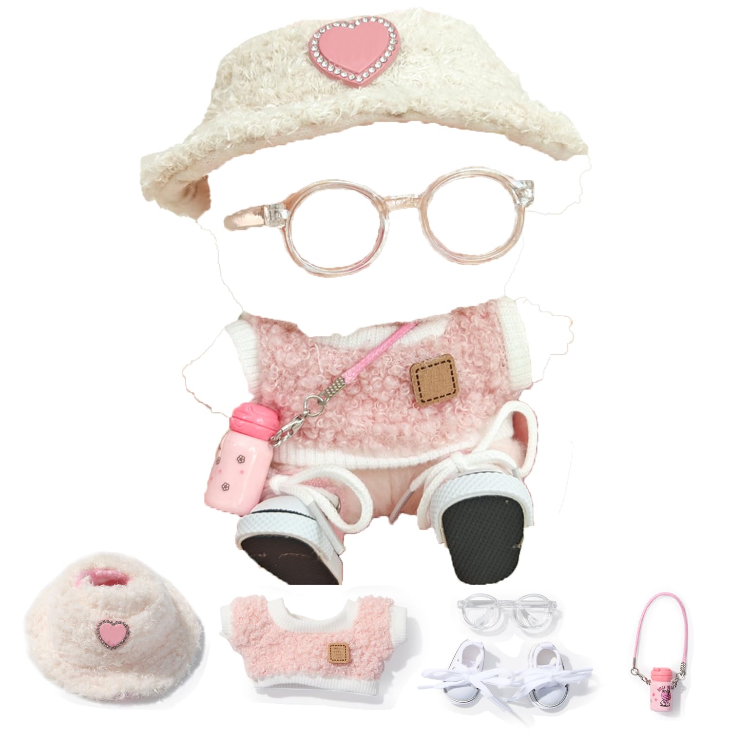 5 Set lububu Clothes( No Doll)- Clothes for lububu Outfit - Accessories for lububu Clothes +Light Pink Heart-Shaped Velvet hat + Small Camera + Glasses + Canvas Shoes(Style A1)