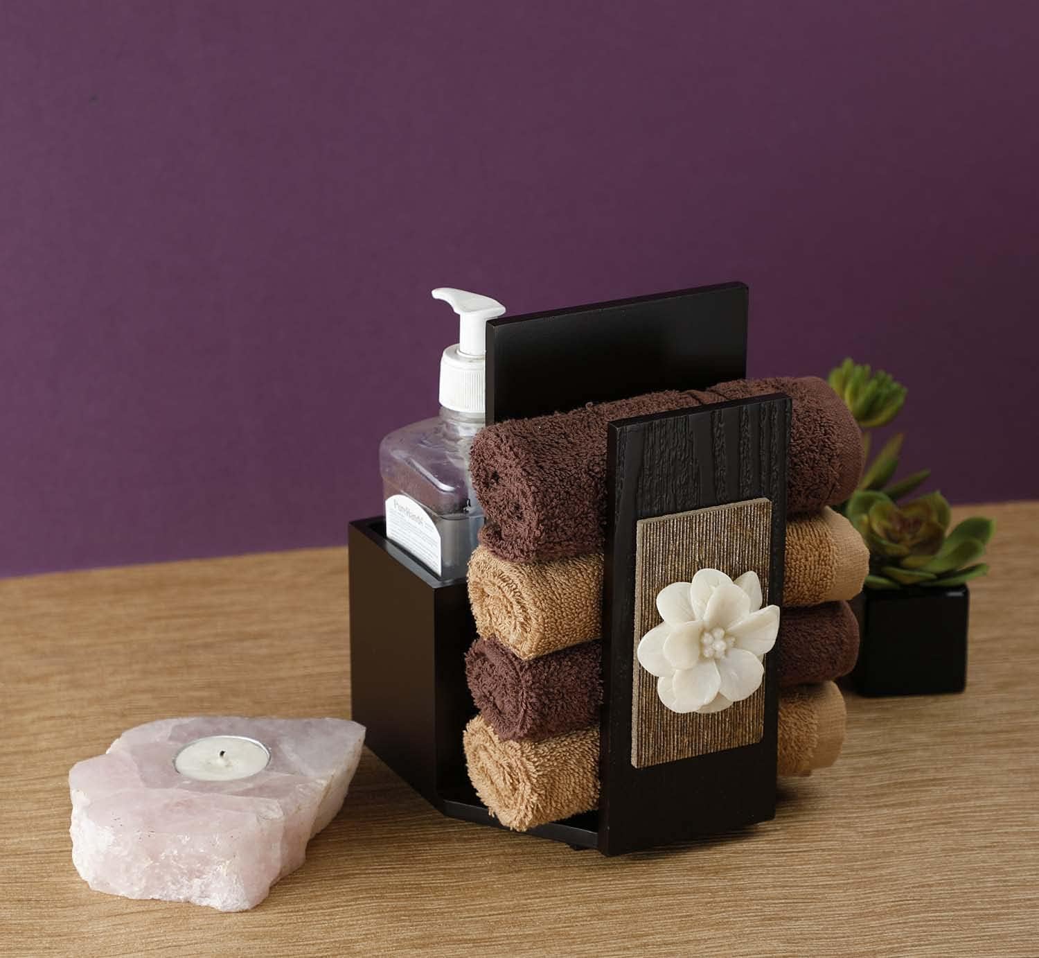 COCKTAIL Decorative Hand Towel Stand, Hand Towel Holder for Wash Basin, Towel Stand for Bathroom/Attached Holder, Wooden Towel Stand for Counter Top, Brown-Flower (R-Flower)