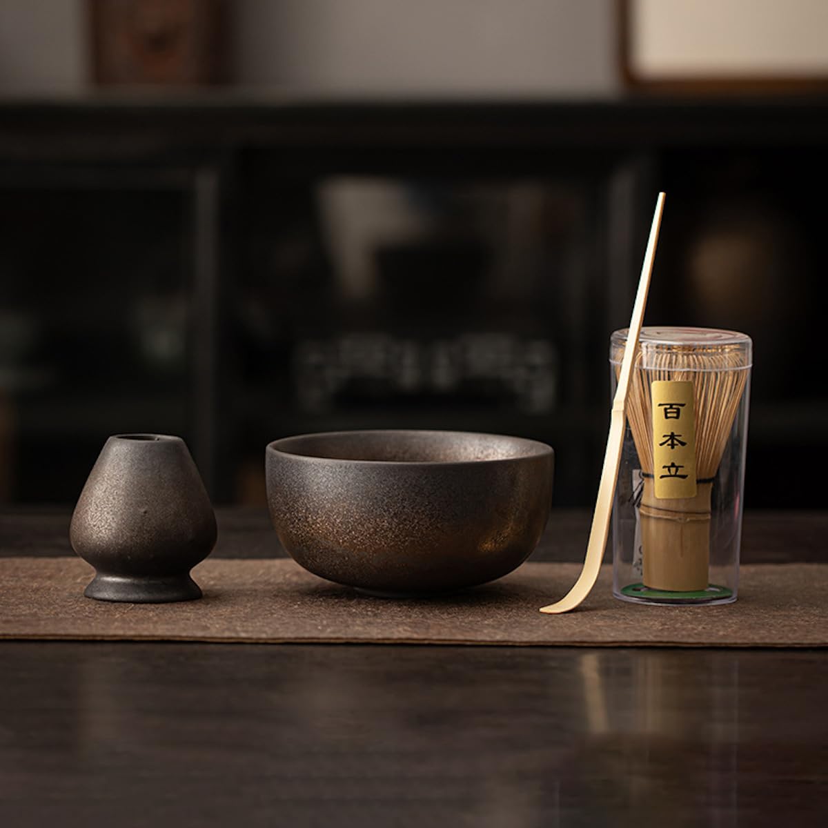 JIKANNOYA Matcha Set 4 Piece Chasen Bowl Scoop Stand Half Moon