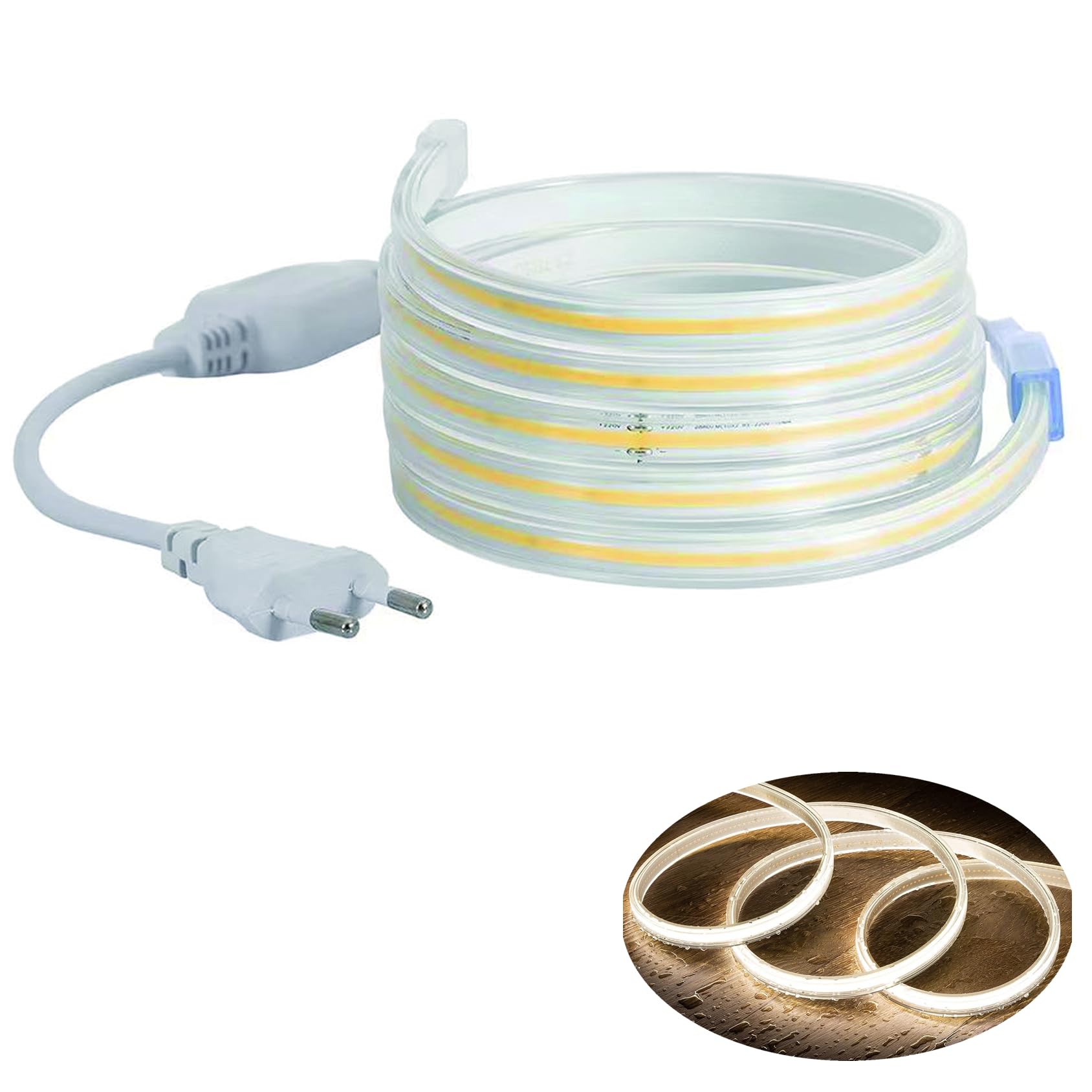 Taśma LED COB Strip (możliwość podziału wszystkich 10 cm) + przewód zasilający IP20 z wtyczką Euro. (neutralna biel, 240 LED/M, bez przełącznika, 10 metrów)