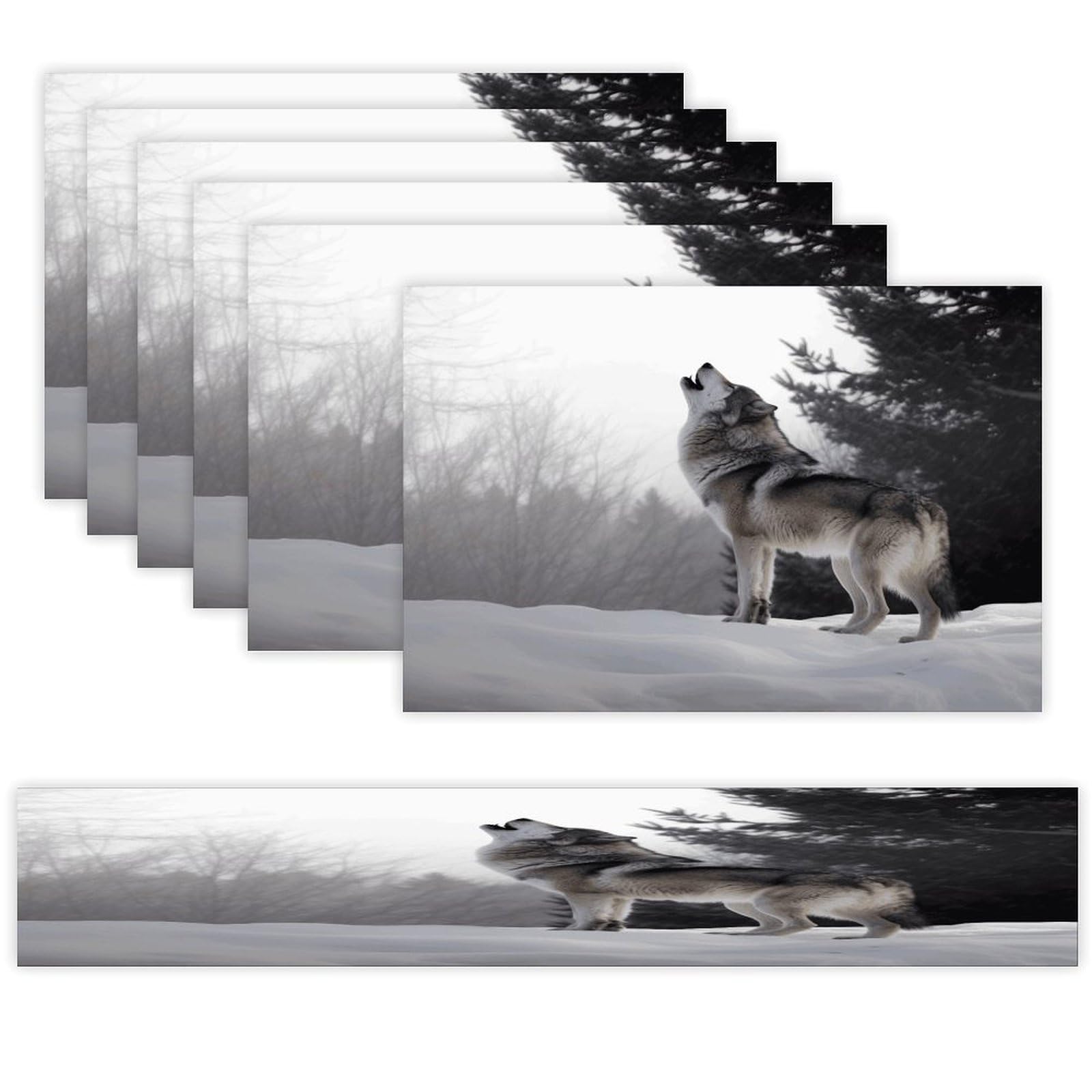 Howling Wolf Table Runner and Placemats Set of 6 for Kitchen Washable Table Mats Heat Resistant Place Mats Non-Slip Place Mat Wipeable Placemat(6 Placemats+1 Table Runner)