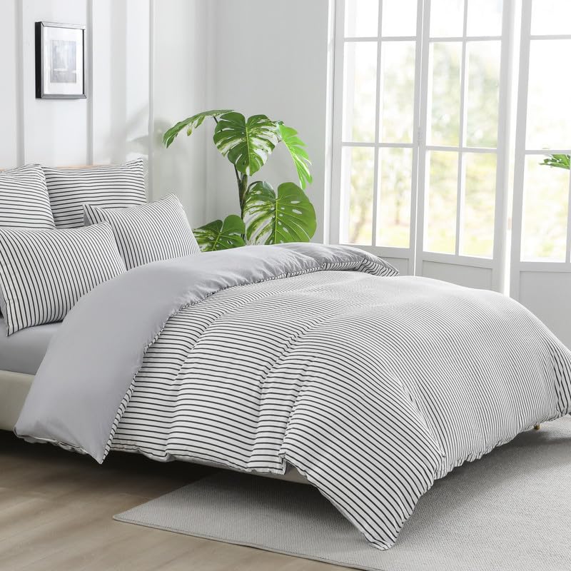 Parure de lit 220x240cm rayures gris Gezu avec housse de couette et taies - 3