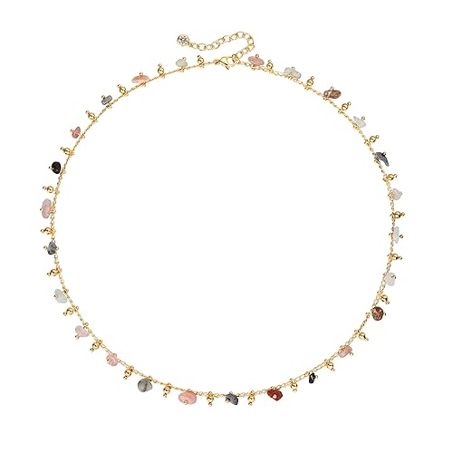 MTMY Beaded Necklaces for Women 14K Gold Plated Dainty Colorful Green/Rose Beaded Pearl Choker Necklace Delicate Boho Choker Necklace Jewelry Gift - mixed color stone