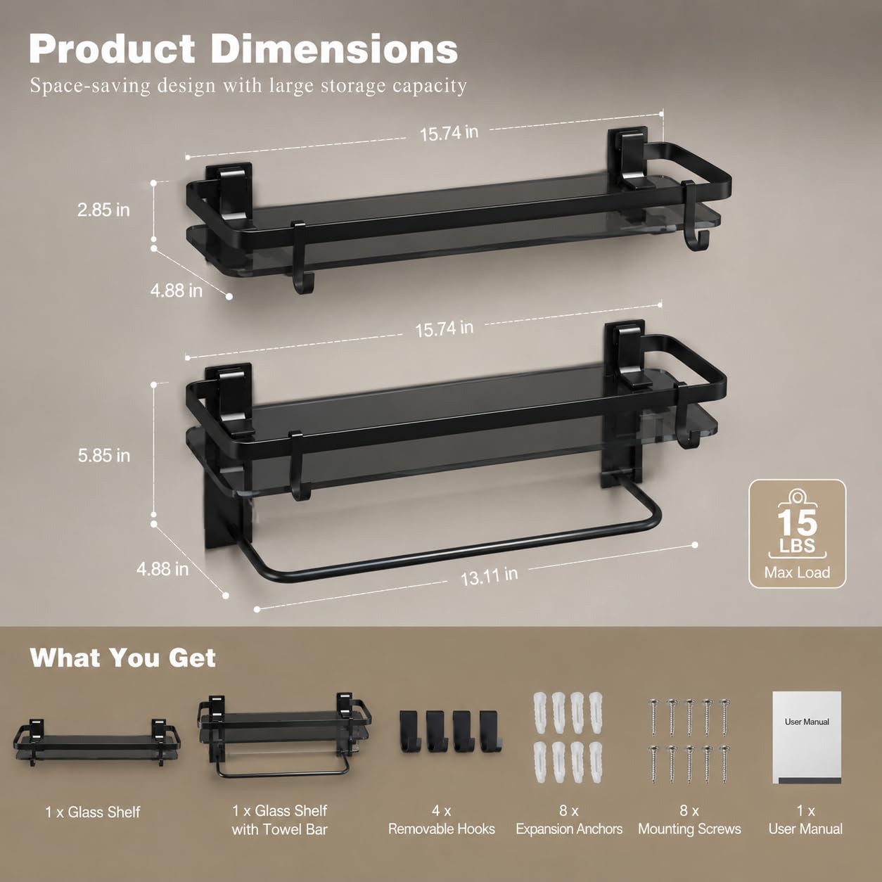 VOLPONE Estante de cristal para baño, estantes de baño de 15.7 pulgadas con toallero, estante de pared de baño con 4 ganchos extraíbles negro (2 niveles)