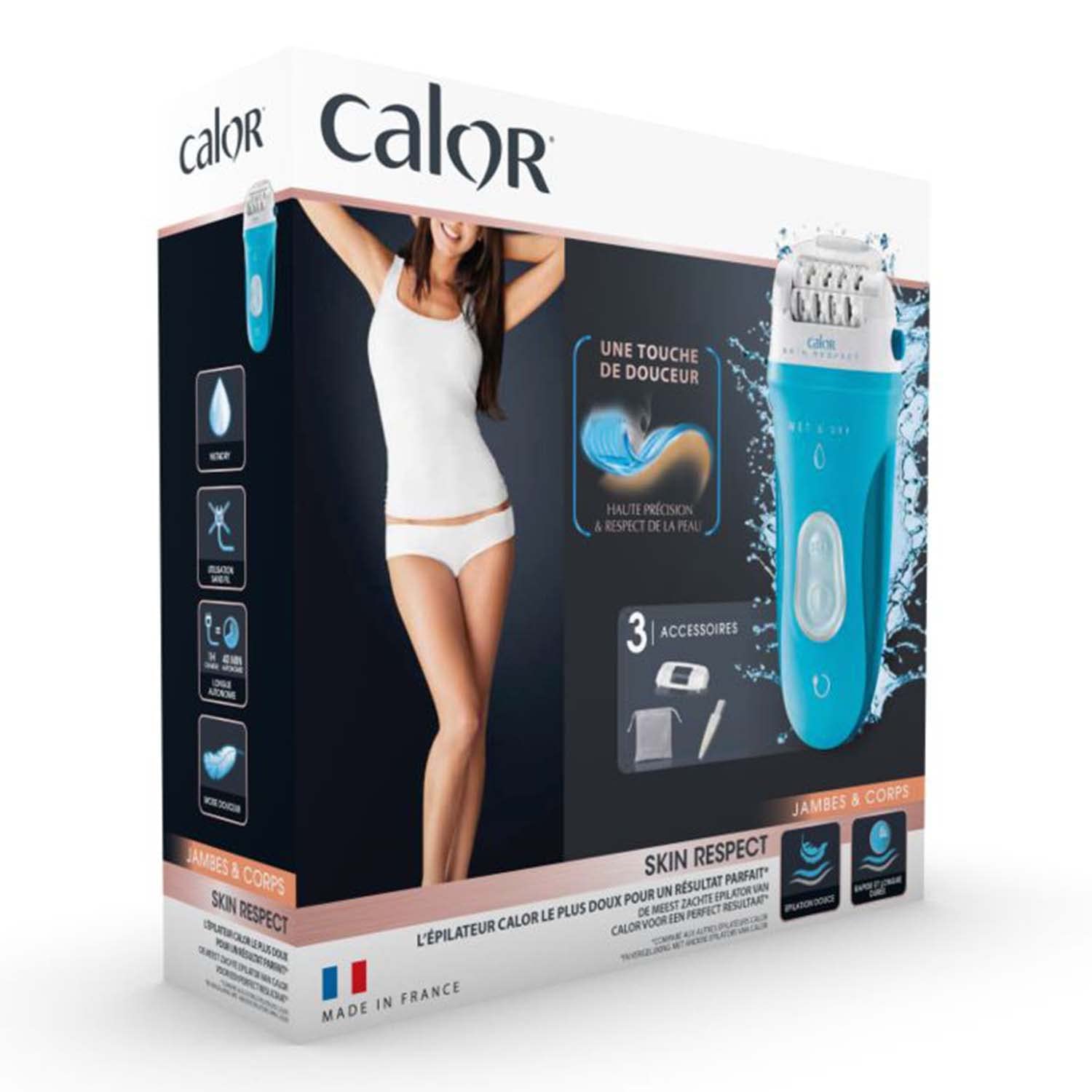 Calor Epilateur Skin Respect, Technologie Skin Respect, Technologie d'épilation perfectionnée Wet&Dry, Autonomie longue durée, 3 accessoires, Fabriqué en France EP8030C0