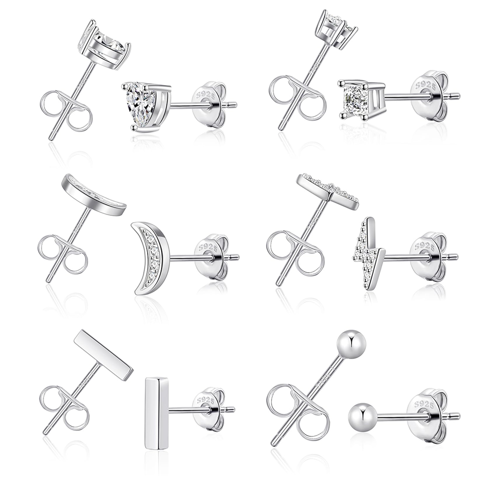 VEEDOFA4 Pairs Silver Stud Earrings for Women, Hypoallergenic 925 Sterling Sliver Stud Earrings Set, Zirconia Ball Heart Cartilage Piercing Ear Studs for Teens Girls GiftsRecycled Claim Standard 100