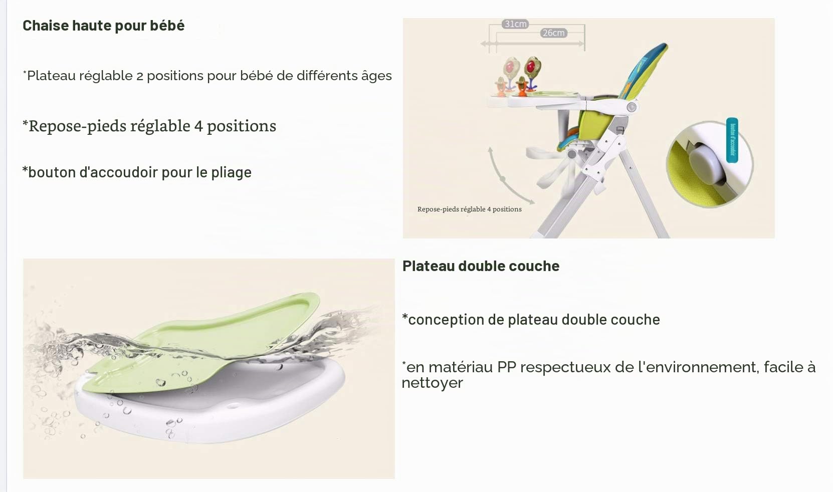 Star Ibaby - Chaise haute bébé avec jouets Pretty - Double plateau, repose-pieds réglable.