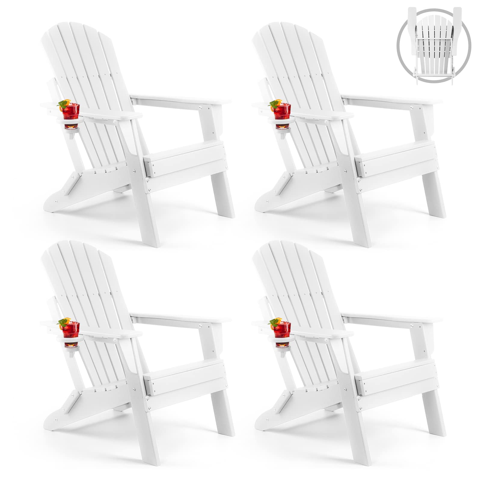 FUNBERRY Folding Adirondack Chair Set of 4, All Weather HDPE Fire Pit Chairs with Cup Holder for Outdoor