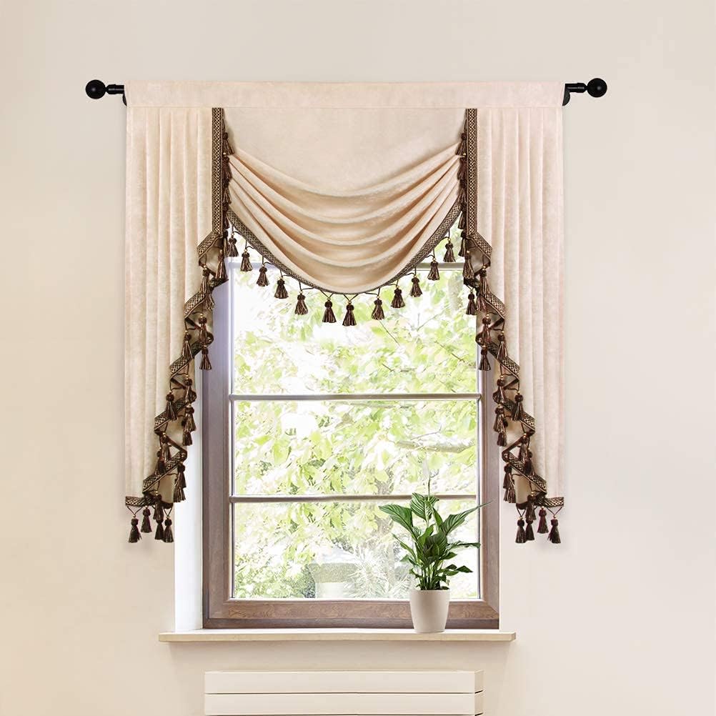 ELKCA Beige Chenille Window Curtains Valance for Living Room Waterfall Valance for Bedroom,Rod Pocket (W39 Inch, 1 Panel)