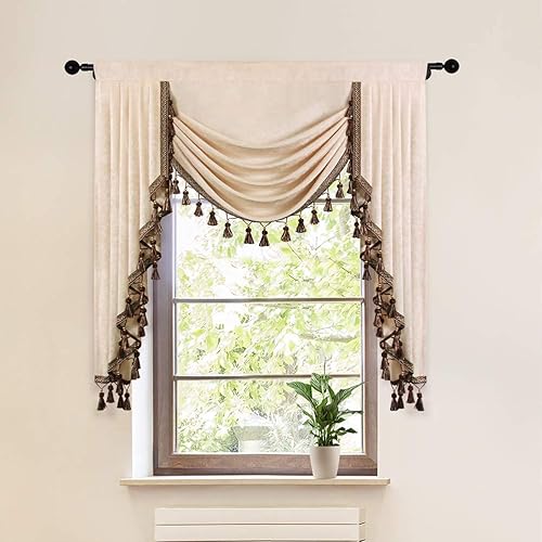 ELKCA Cenefa de cortina de felpilla beige para ventana de sala de estar, cenefa de cascada para dormitorio, bolsillo para barra (39 pulgadas, 1