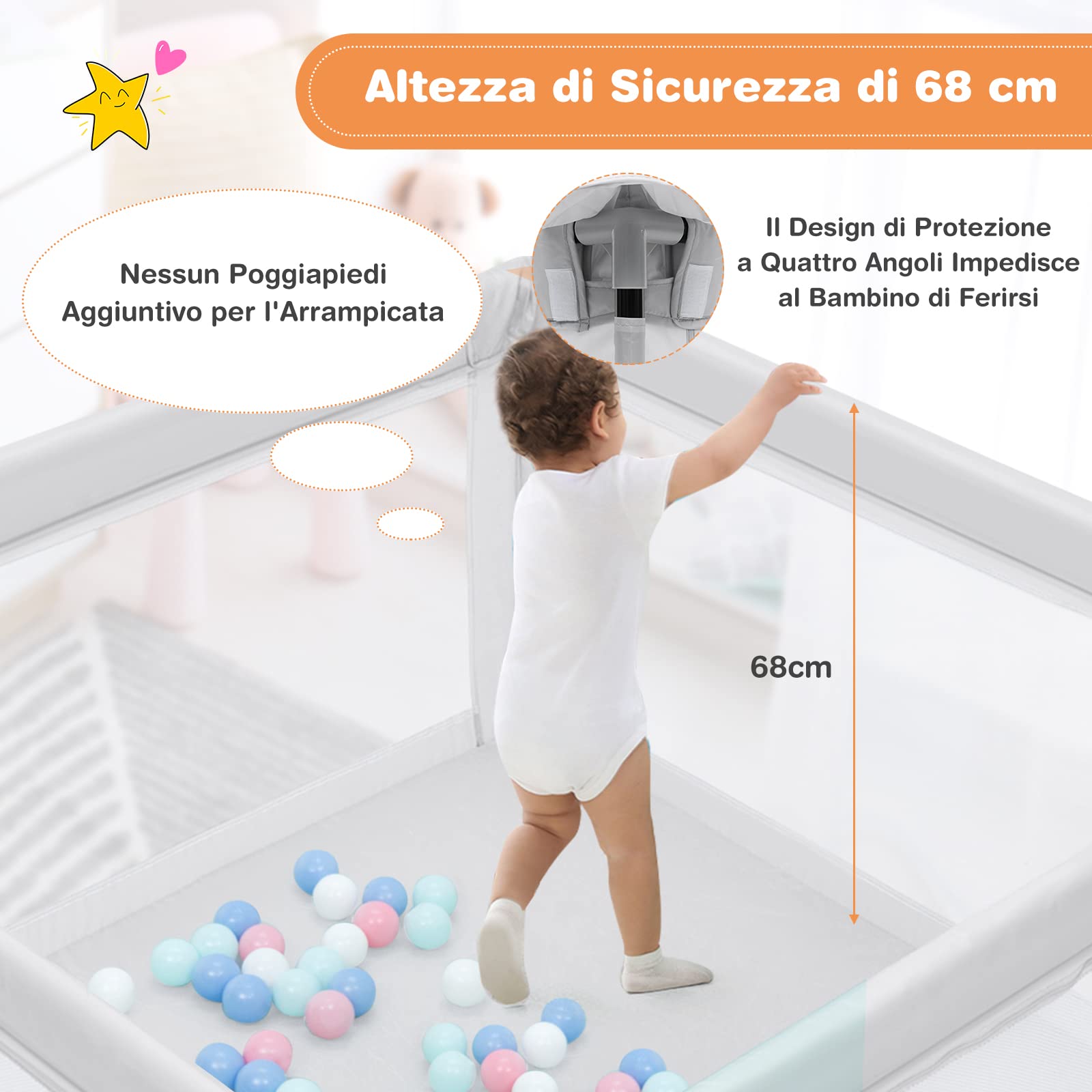 RELAX4LIFE Box per Bambini con 50 Palline,2 Anelli,2 Entrate Laterali con Chiusura Lampo,Rete Traspirante, Centro di Attività (Grigio Chiaro, 120x120cm)