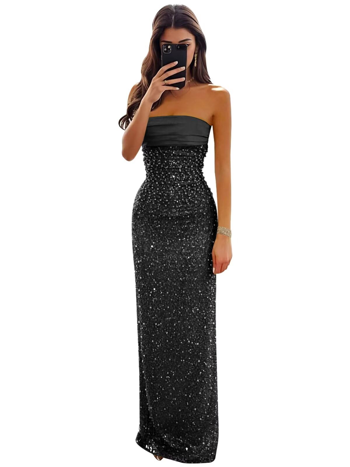 Strapless Mermaid Prom Dresses for Women 2026 Sparkly Pearl Sequin Formal Evening Dress