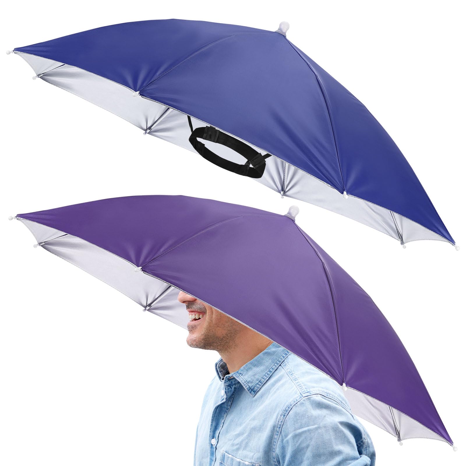 TIXIPEM 2 Pcs Headband Umbrella Hat 26 inch, Navy Blue, Purple, Silver
