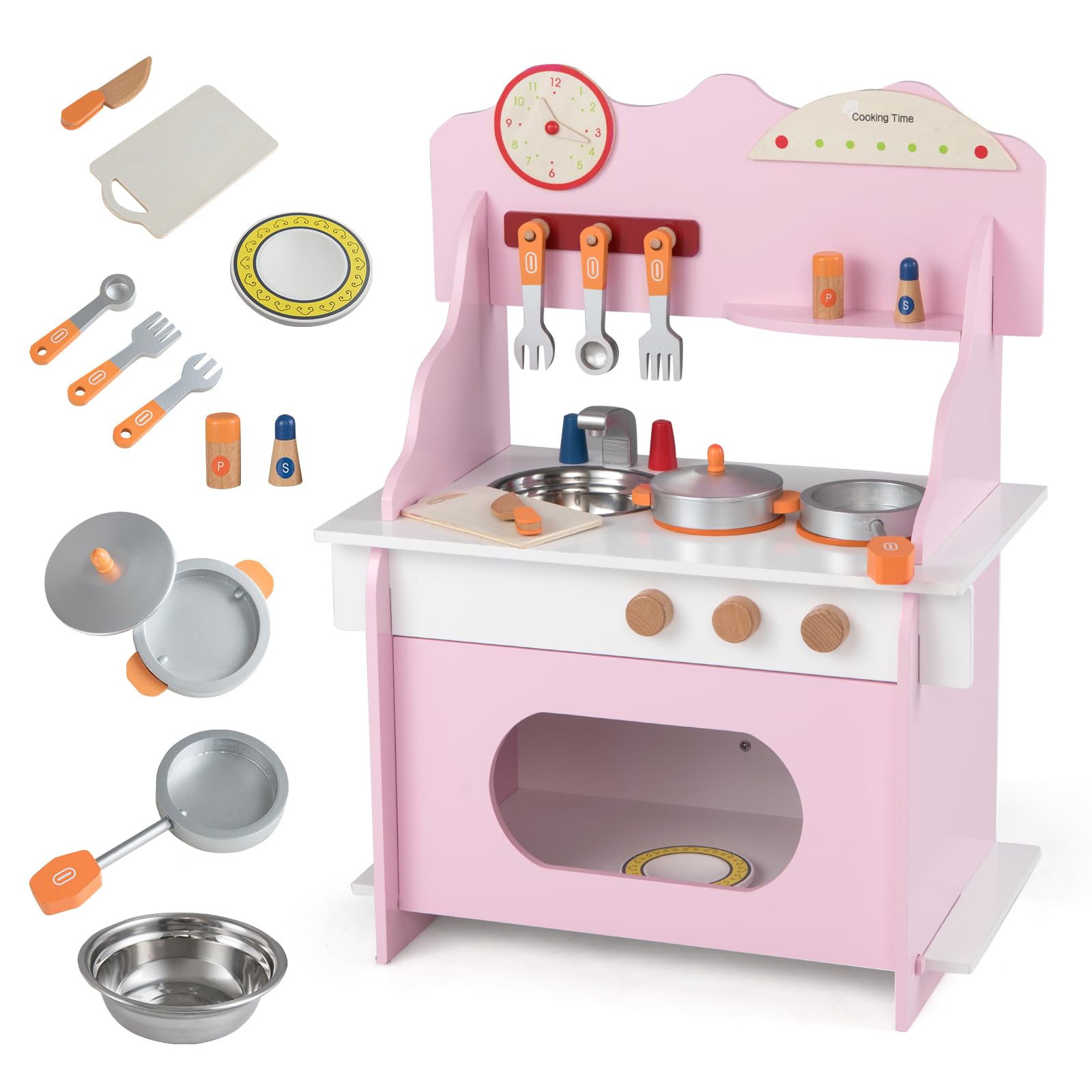FANTASK Cucina per bambini in legno con orologio e accessori da 12 pezzi, cucina giochi con fornello/fornello/lavello e portaspezie, cucina giocattolo per bambini dai 2 anni in su (rosa)