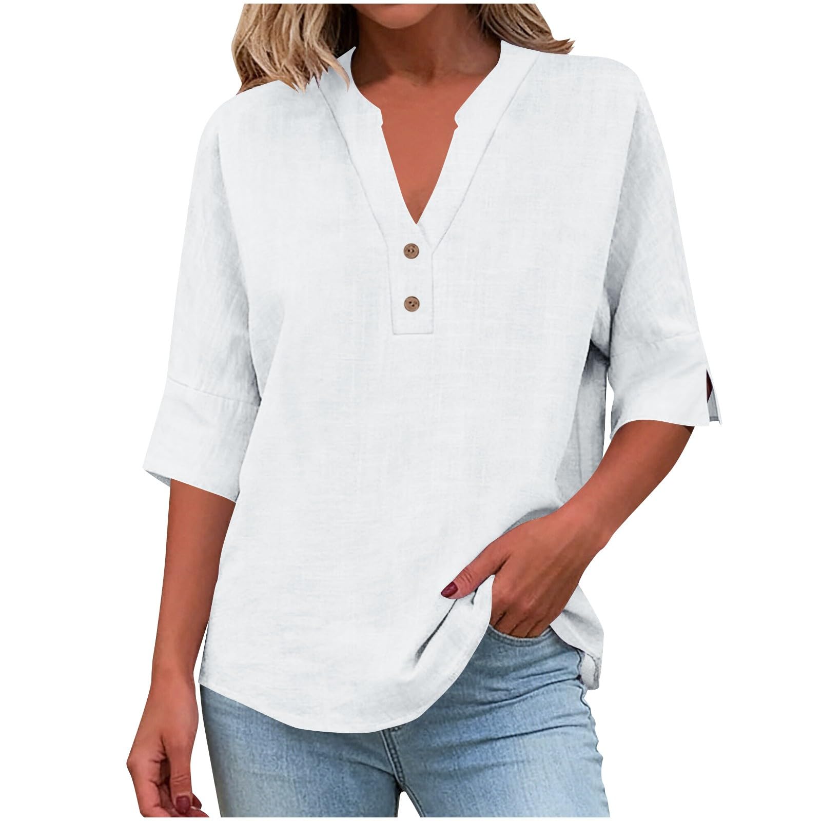 Chemise Femme Coton Et Lin Chemises Lin Manches 3/4 Col V Boutonné Top Henley Chemise Couleur Uni Lâche Respirant T-Shirts Tunique Femmes Chic Et Elegant Léger Blouse Grande Taille