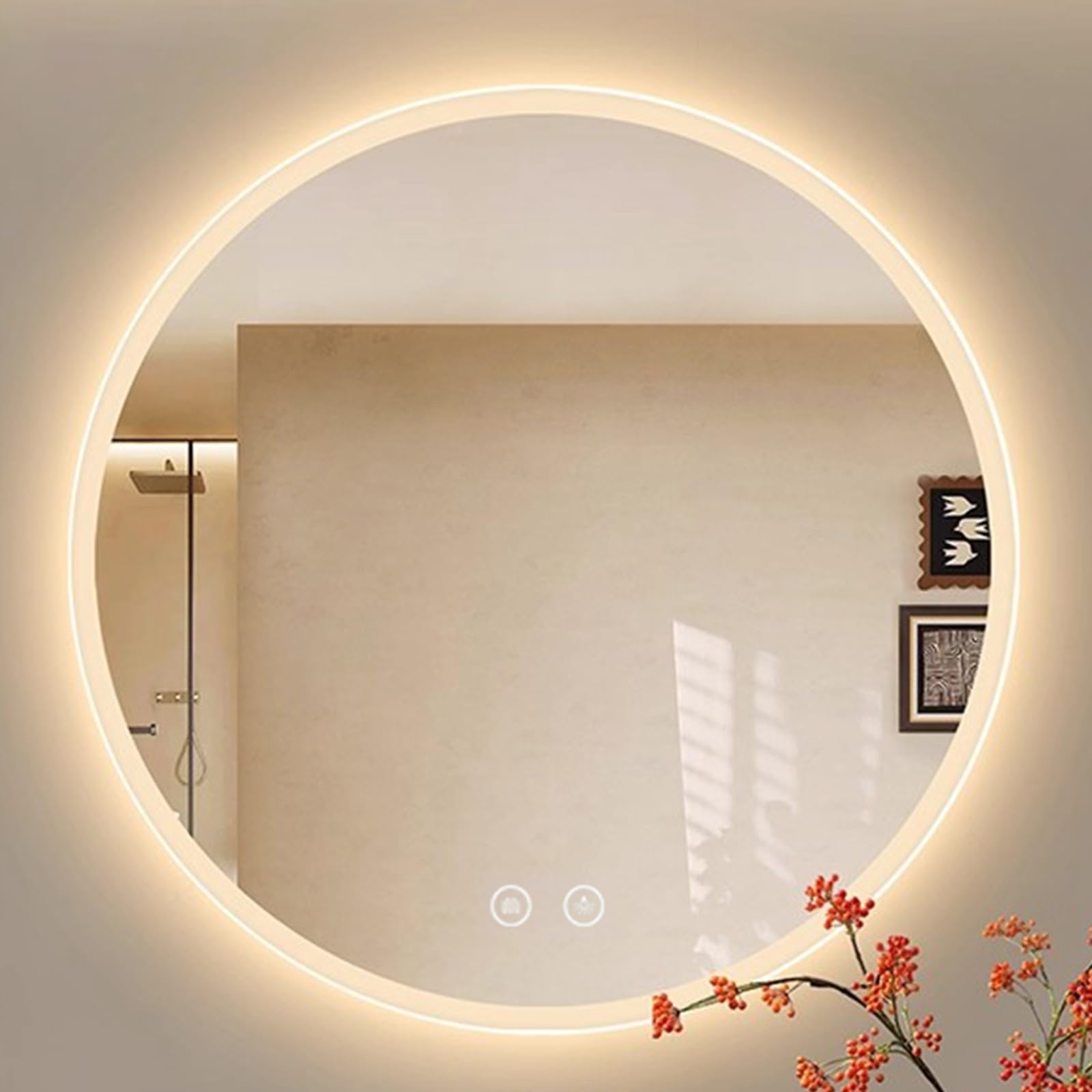 THNSAWX Round Bathroom Mirror with Lights, 3-Color Dimmable Wall Vanity Mirror, Modern Anti-Fog Makeup Mirrors, Frameless, Explosion-Proof, for Bedroom Living Room(60cm/23.6in)