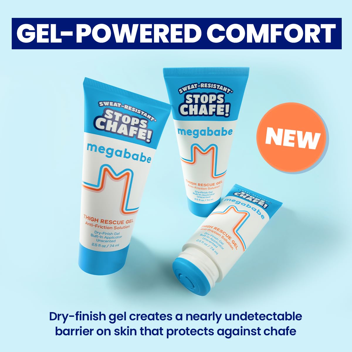 Megababe Thigh Rescue Gel | Clear Anti-Friction Barrier for Chafing | Sweat-Resistant | No-Mess Applicator | Thighs, Bra-Lines & More | 2.5 fl oz - 3