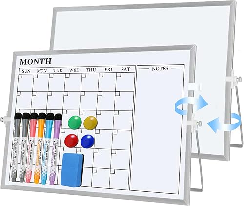 Pizarra blanca de borrado en seco, 16 x 12 pulgadas, de doble cara, magnética, mensual, de borrado en seco, con soporte, calendario de escritorio
