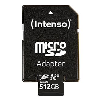 Intenso Carte mémoire microSDHC Professionnelle 512 Go Classe 10 UHS-I, U3, V30 avec Adaptateur SD, pour Enregistrement 4K, GoPro, Insta 360, DJI, Osmo, Steam Deck, Drone, caméra d'action, Noire