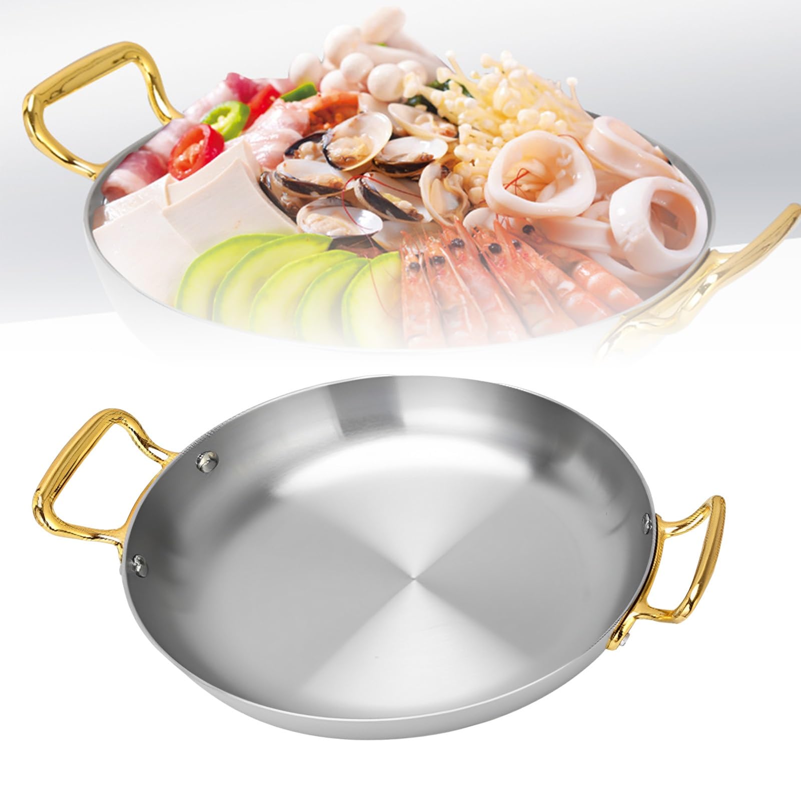 Paellera española redonda, paellera de acero inoxidable con doble asa, sartén antiadherente for tortillas, parrilla, cocina de gas, cocina eléctrica e inducción.