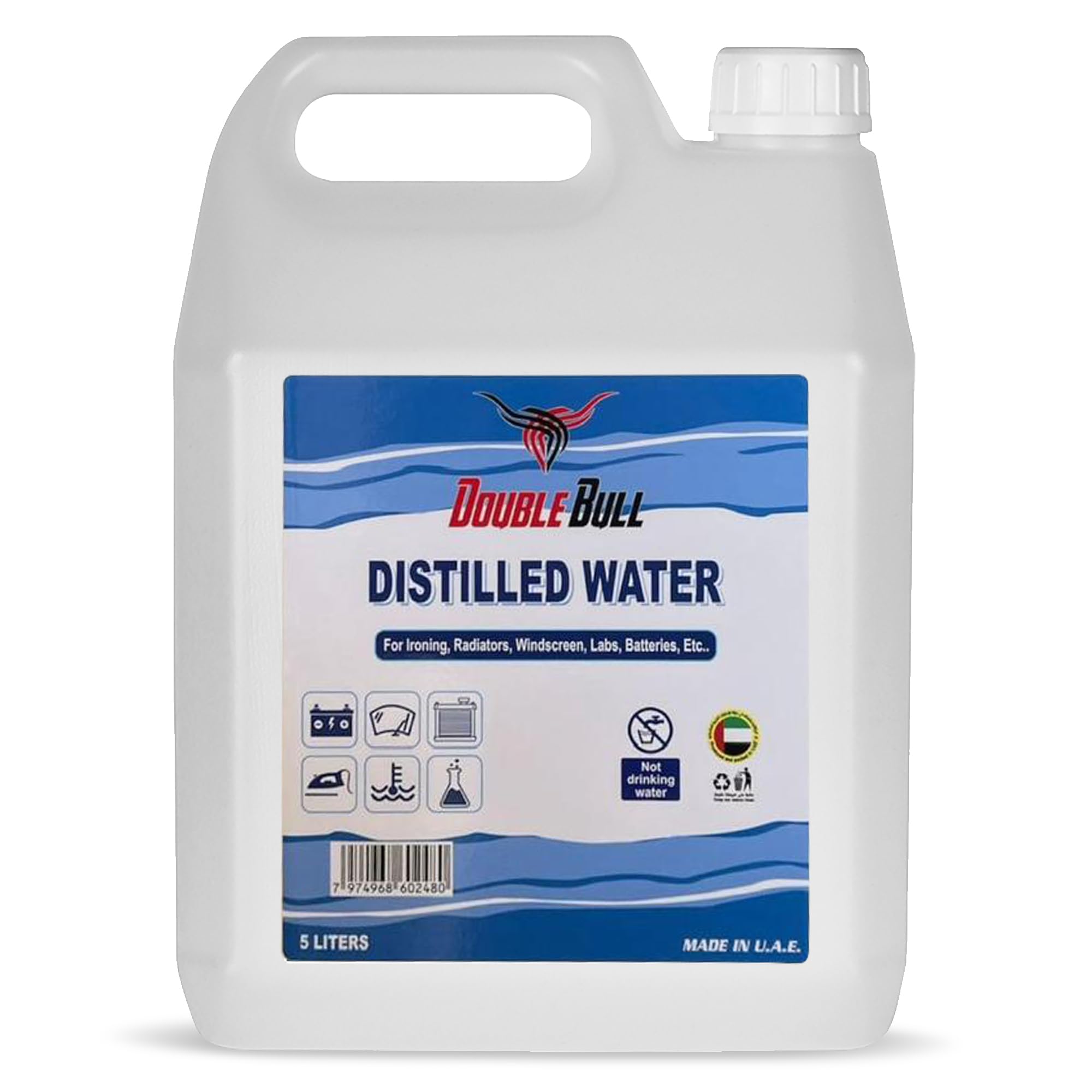 DOUBLE BULL Distilled Water 5 Ltr - Pure Steam Distilled Operating Liquid for Automotive, Oils & Fluids - Distilled Water for Ironing, Car Radiators, Batteries, Windscreen Washers, Labs, & Humidifiers