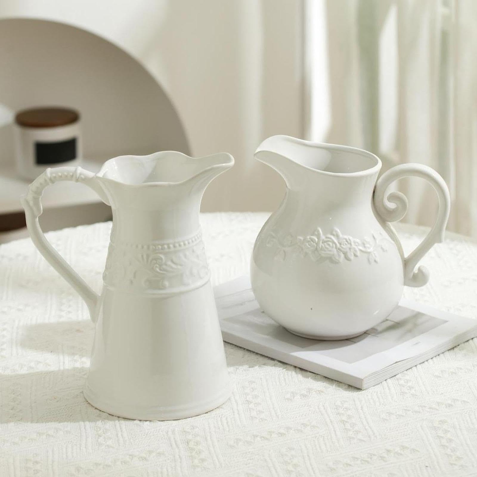 Rustikale Keramikvase, Krug mit, Vielseitiges Und Elegantes Tischornament, Weißer Krug für Die Dekoration von Zuhause Und Bücherregal, hohe Stile
