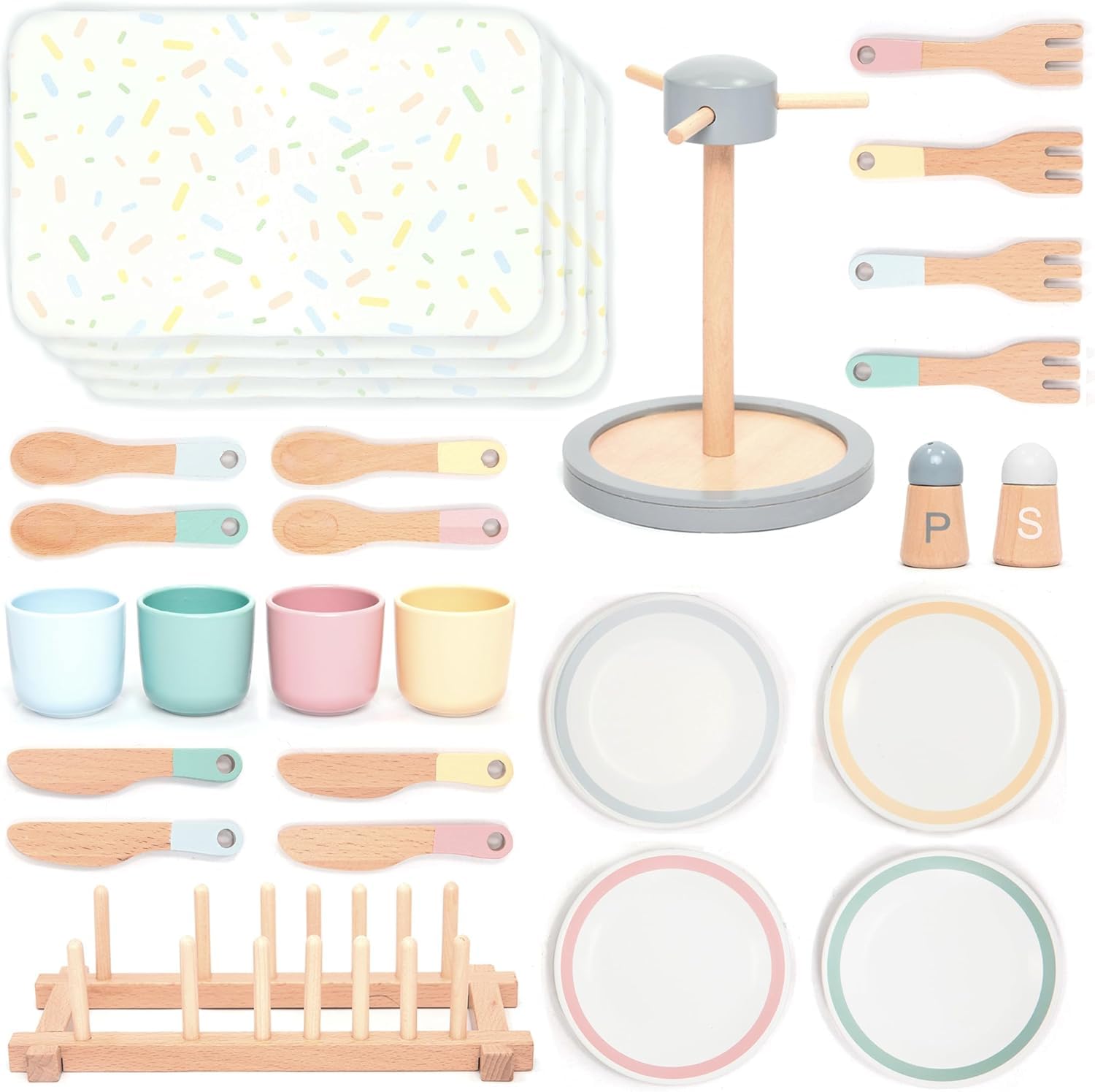 ® Juego de platos grandes de madera – Vajilla de 28 piezas para la cocina de juego de niños con platos, vasos, cubiertos y tendedero – Accesorios de cocina de juego de simulación para niños de 3 4