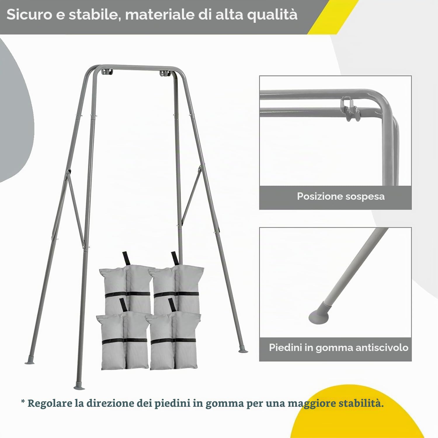 FUNLIO Altalena pieghevole per bambini con 4 sacchi di sabbia, struttura metallica resistente a forma di A per interni/esterni, adatta alla maggior parte dei saltelli/amache per bambini - grigio