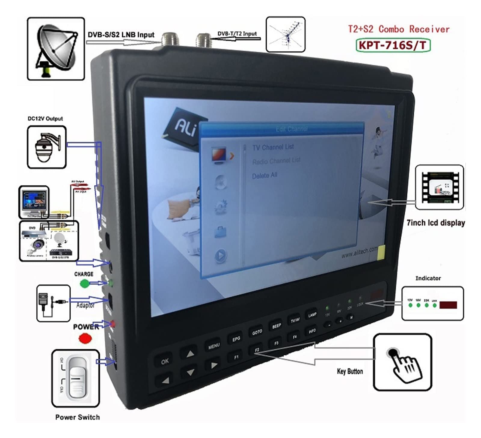 Medidor de Intensidad de señal de TV, 7" DVB-T2+DVB-S2 Terrestre HD+ Tester KPT-716S/T Buscador de satélite de Pantalla Ancha portátil,Buscador de satélites