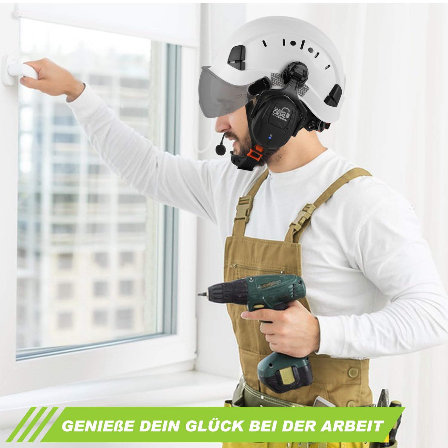GREEN DEVIL Mervex Vent Veiligheidshelm met actieve gehoorbescherming en helder vizier, werkhelm, ABS-veiligheidshelm EN 397, industriële helm, EN352-conforme SNR 32dB met bluetooth