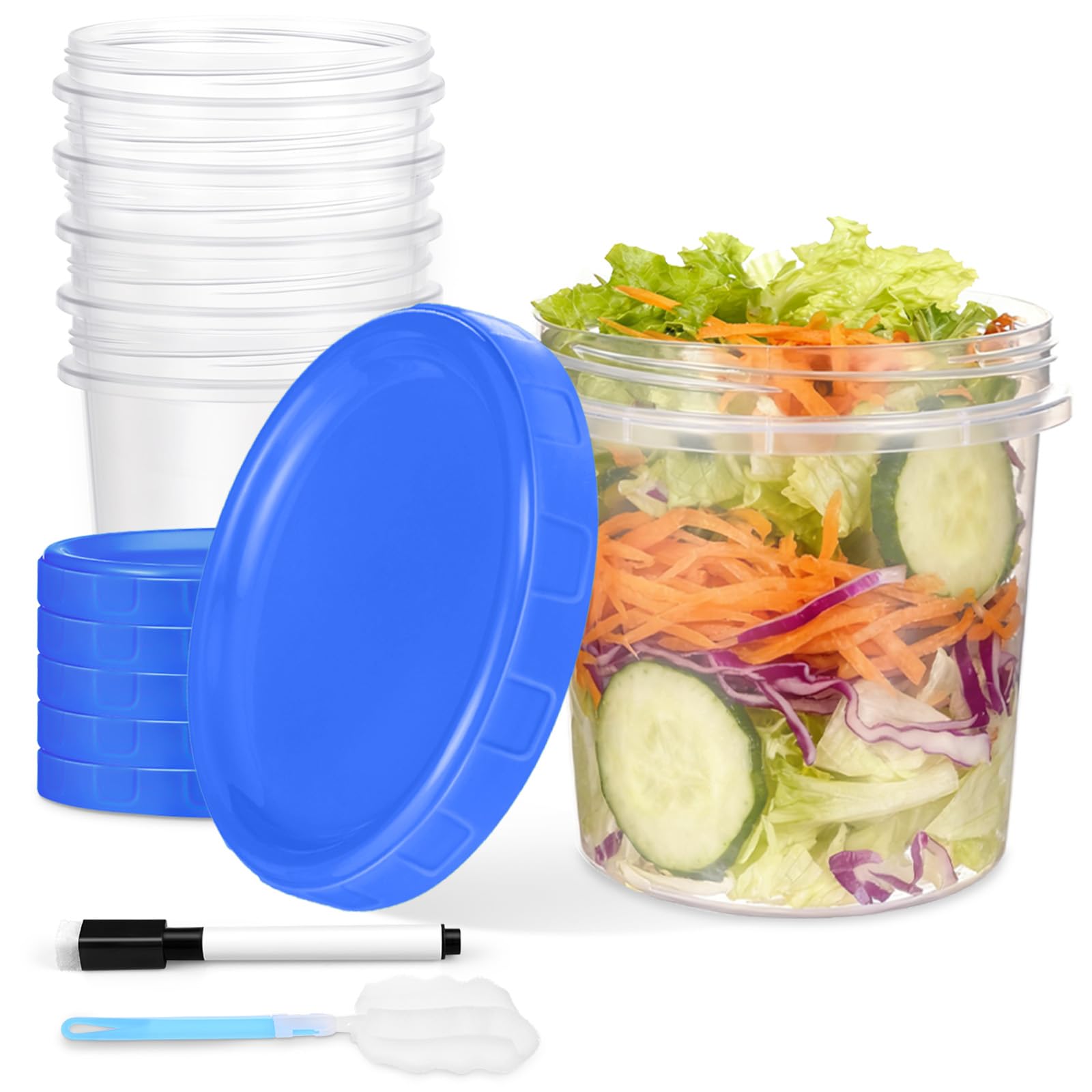 6 Pcs 16 oz Plastic Deli Containers with Screw Lids, Freezer Storage Containers Reusable 2 Cup Food Storage Container with Pen & Brush for Snack Salad Fruit, Microwave & Dishwasher Safe