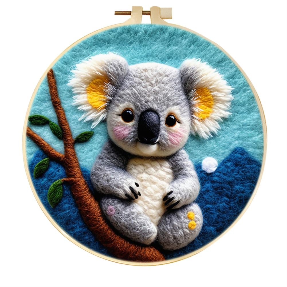 Meecaa Koala Animal DIY Needle Felting Kit for Beginners, Including Wool Felt Supplies, Embroidery Hoops,Beautiful Wool Painting and Needle Felting Tools (Koala)