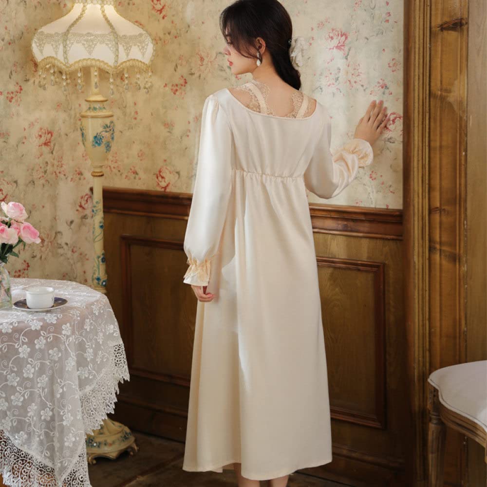 Nachtwäsche Damen,Damen-Nachthemden, Vintage-Beige, Satin, Eckiger Ausschnitt, Schleife, Spitze, Elegantes Schlafhemd, Weiches, Bequemes, Lange Ärmel, Nachthemd, Loungewear Für Damen, Mädchen, P