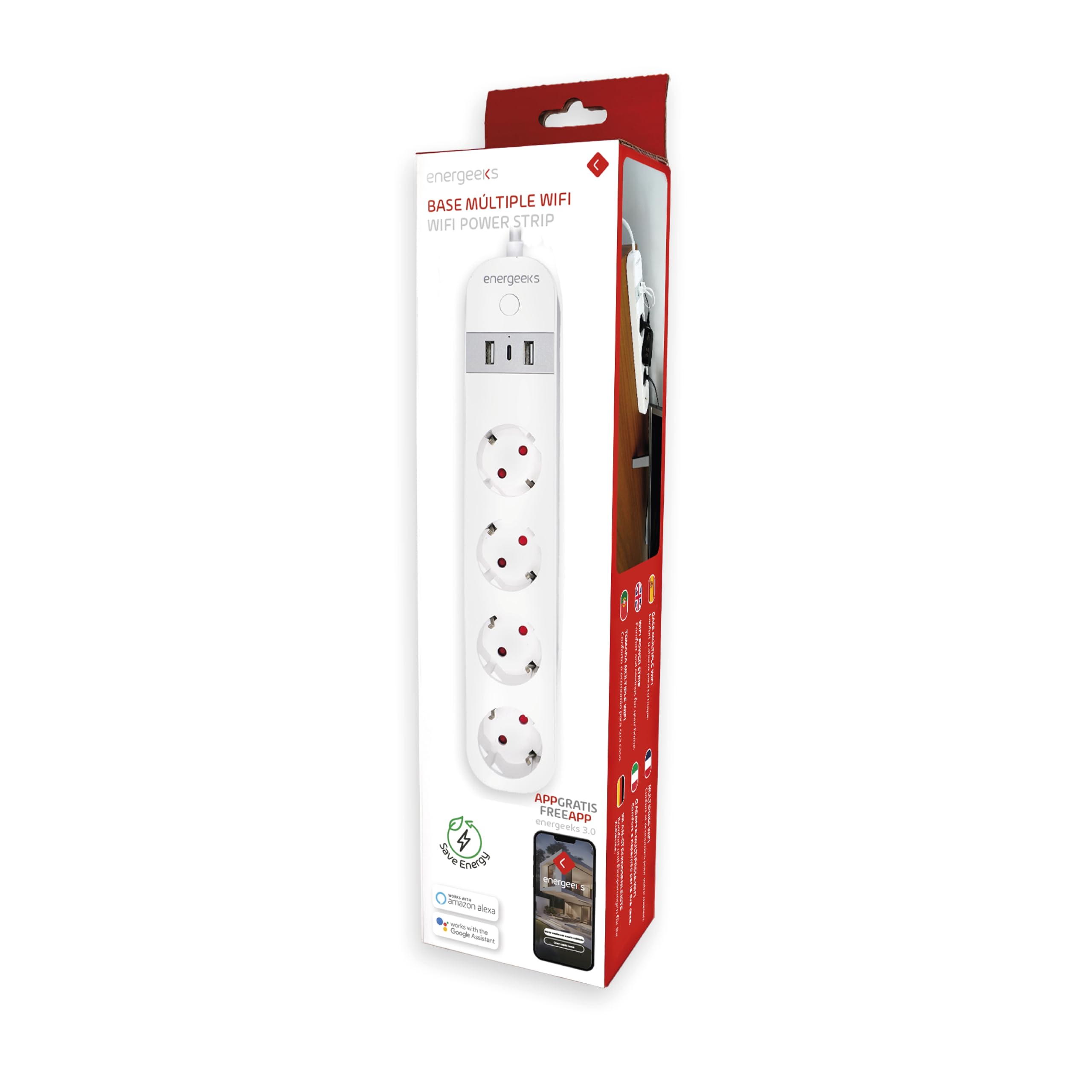 Energeeks - Regleta Enchufe WiFi Inteligente - Medidor de Consumo Integrado - 4 Entradas - 2 USB - 1 USB-C - Tipo Schuko - 2,4 GHz - 16A/3680W - 240V/60Hz - App Móvil - Compatible con Alexa y Google