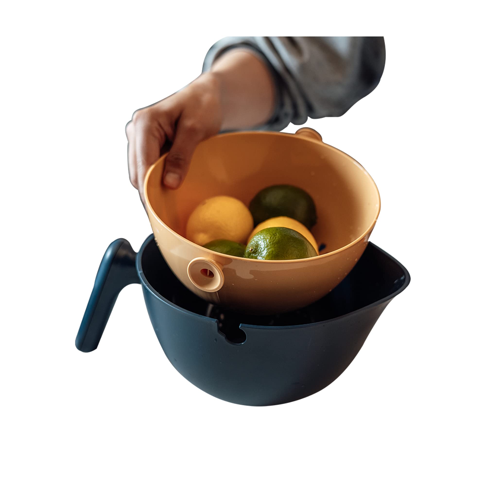 Ciotola e colino rotante per alimenti 2 in 1, a doppio strato, con manico per scolare pasta, frutta, verdura, cestino in plastica per alimenti (blu)