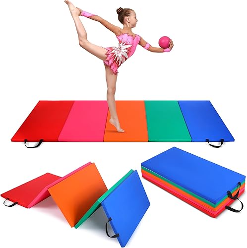 Alfombrilla de gimnasia plegable con asas de transporte, resistente y plegable, ligera, portátil, para niños, ejercicio, gimnasio, entrenamiento