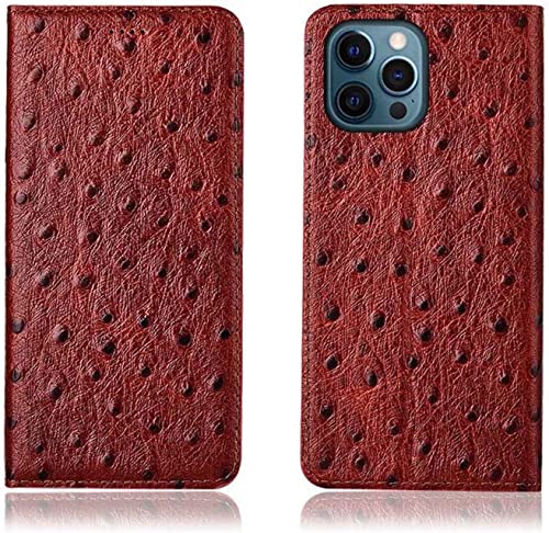 Étui en cuir autruche pour iPhone 14 Pro, protection luxe à rabat marron rouge