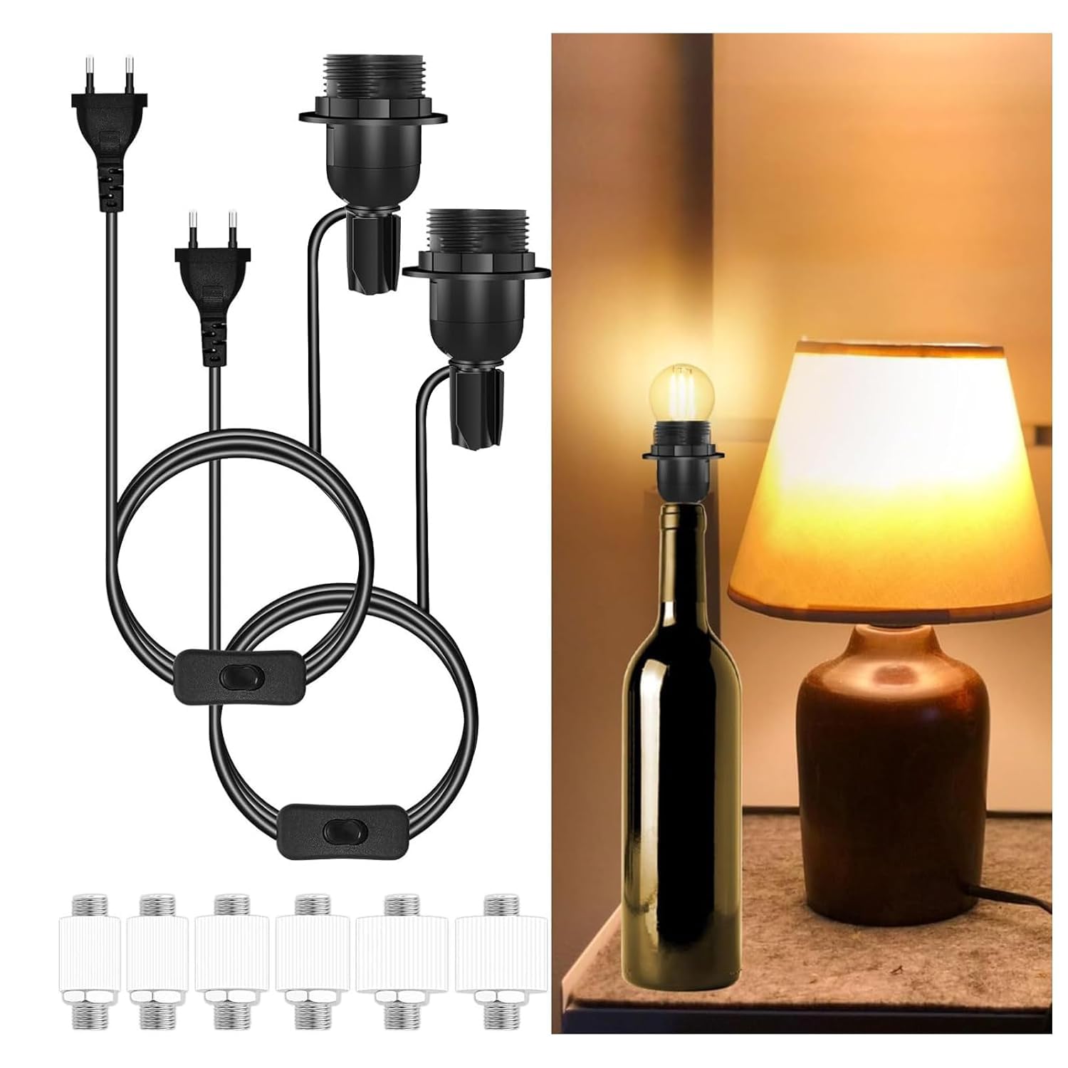 2 szt. oprawki do butelek E27, oprawka z przełącznikiem i kablem 1,8 m do butelek, maks. 60 W, zestaw DIY lamp butelkowych, oprawka E27 adapter do butelek do kreatywnych lamp stołowych, czarny
