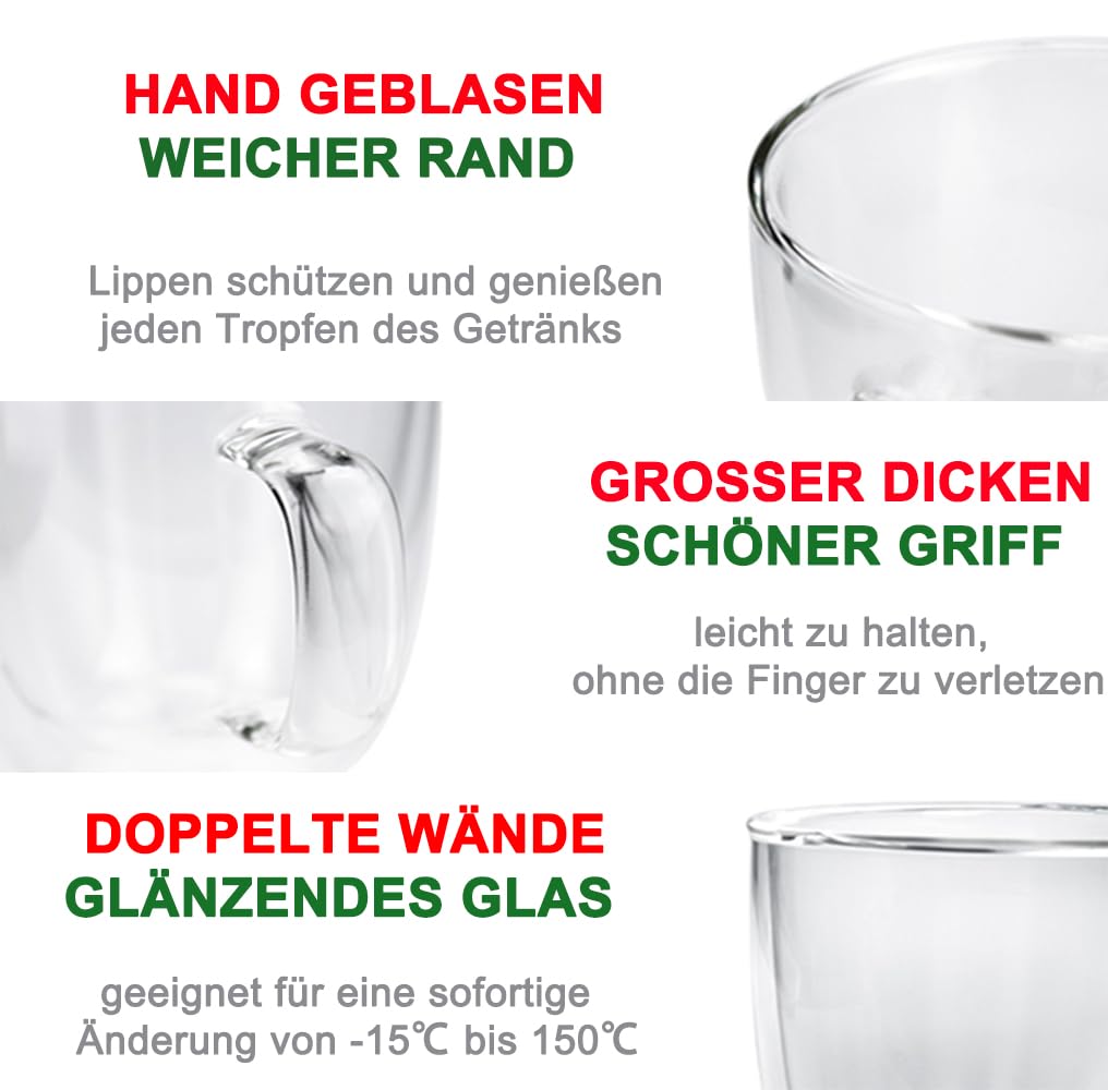Großes transparentes Kaffeebecher-Set, 560 ml, Bistro-Doppelwand-Jumbo-Tasse mit großem Griff, ideal für Latte, Cappuccino und Saft, BE026
