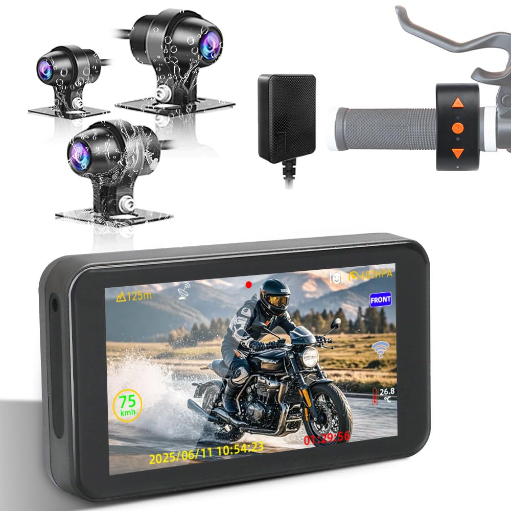 VSYSTO Dashcam per moto, schermo da 4,5'', telecamere 3CH 1080P WiFi, modalità selfie, con GPS, controller cablato, monitoraggio parcheggio, modalità assistenza alla guida, display della temperatura