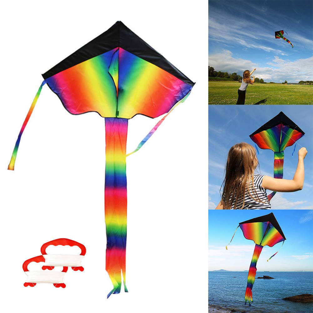 INTVN Huge Rainbow Delta Kite for Children and Adults Great Outdoor Toy for Beginners Very Easy to Fly Kite Sun Kites with Two Wire Plates 50m
