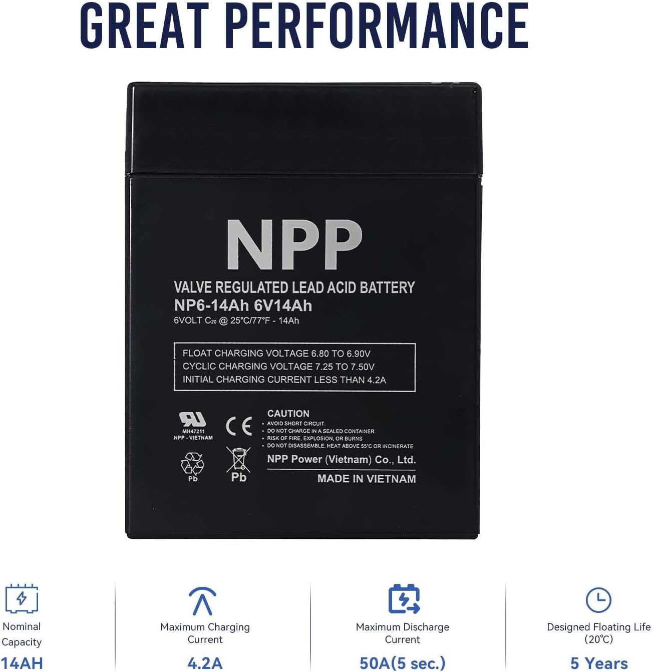 NPP NP6-14Ah 6V 14 Ah Rechargeable Sealed Lead Acid Battery for Parmak 901 & Magnum Solar Park & Teledyne B8-6 Emergency Lighting