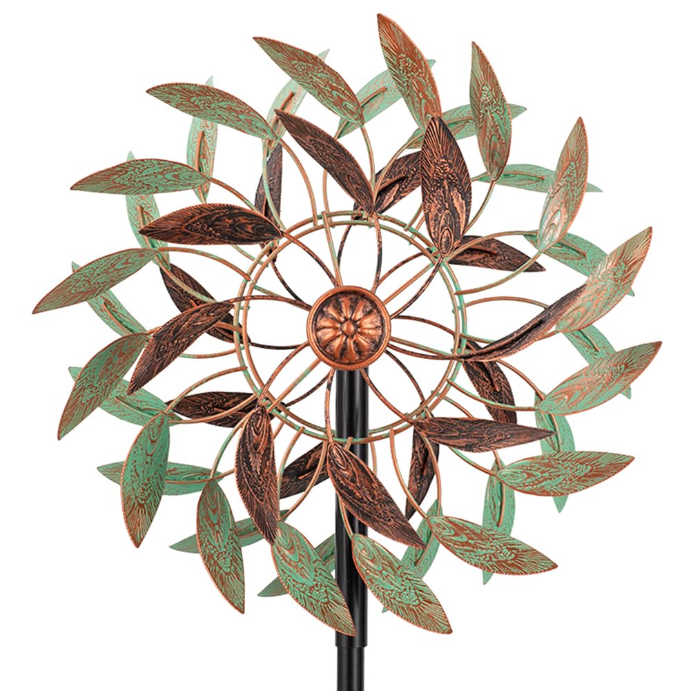 VEWOGARDEN 360° Outdoor Metal Wind Spinners Kinetic Wind Sculptures &amp; Spinners for Yard Garden Lawn Patio Decorations, Light Green &amp; Bronze