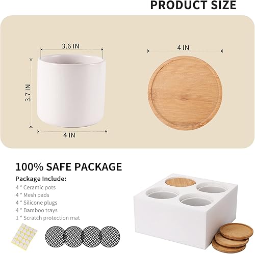 Miniatura 3 de AOMRYOM Macetas cilíndricas de cerámica blanca de 4 pulgadas con agujeros de drenaje y bandejas de bambú, maceta moderna mate para suculentas,