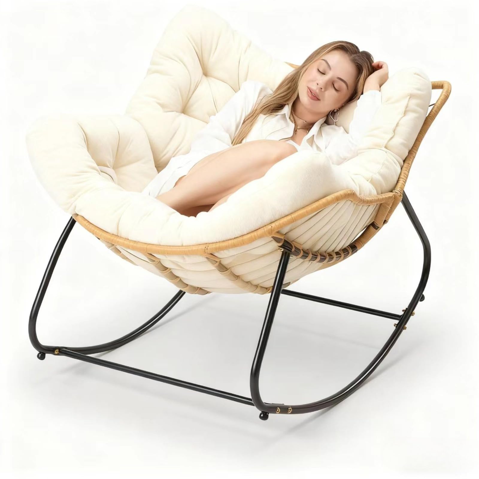 Oversized Outdoor Egg Rocking Chairs for Adults with Thick Cushion Metal Frame Patio Garden Comfy Rocking Modern Lounge Chairs Suitable for indoor and outdoor use (White,Small)
