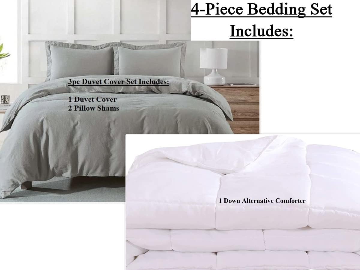 Royal Tradition Belgian Flax Linen-Cotton Blend Medium Warmth 4PC Bedding Set Includes: Duvet Cover Set with Down Alternative Comforter, (King/Calking, Grey)